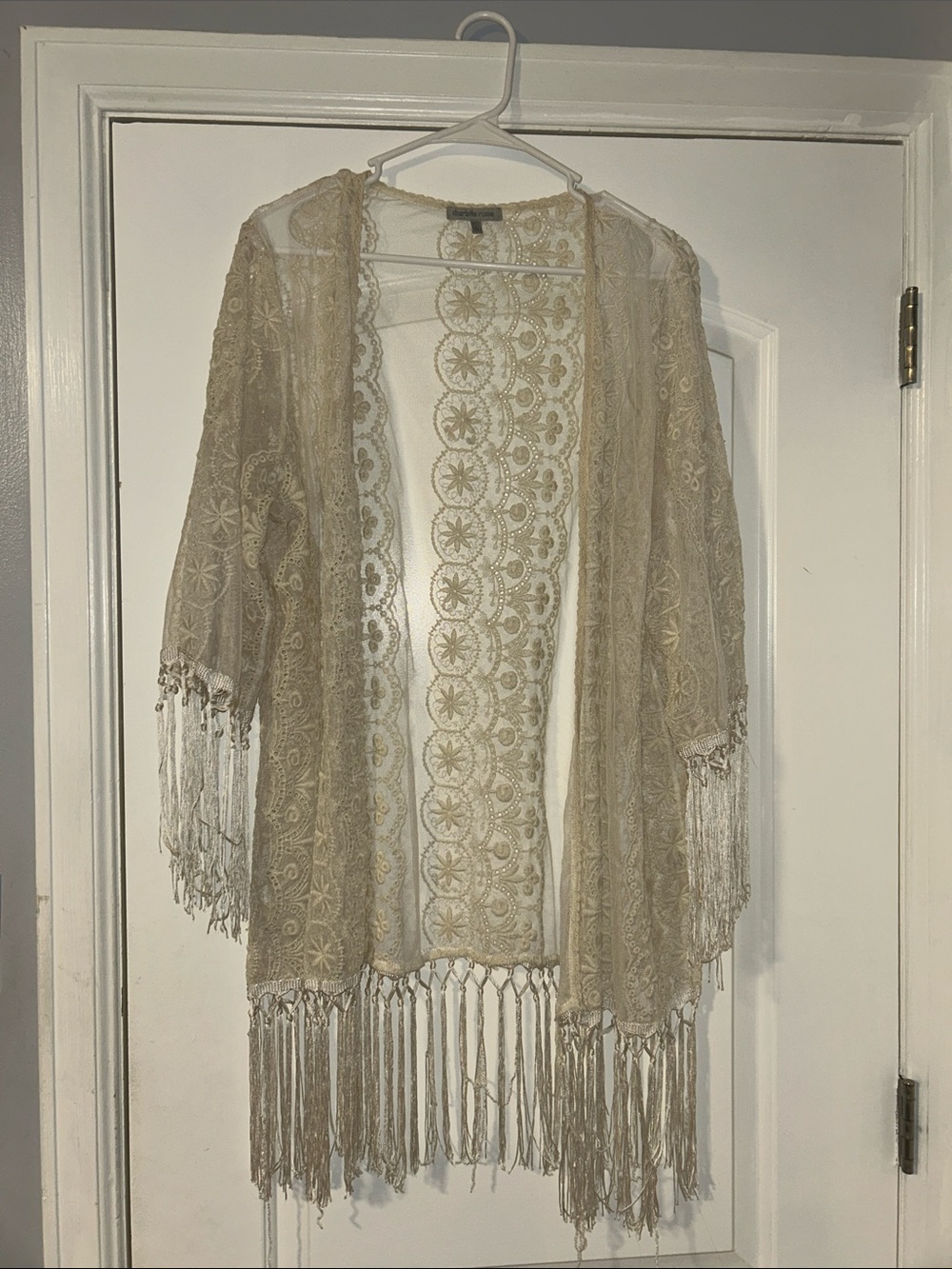 Charlotte Russe Lace Fringe Openfront Kimono in Beige